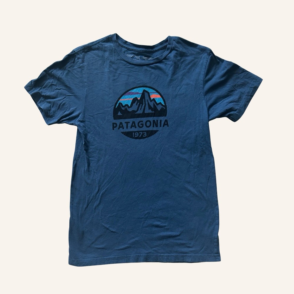 Patagonia Mens Logo T-Shirt Blue Short Sleeve Organic Cotton Blend XS
