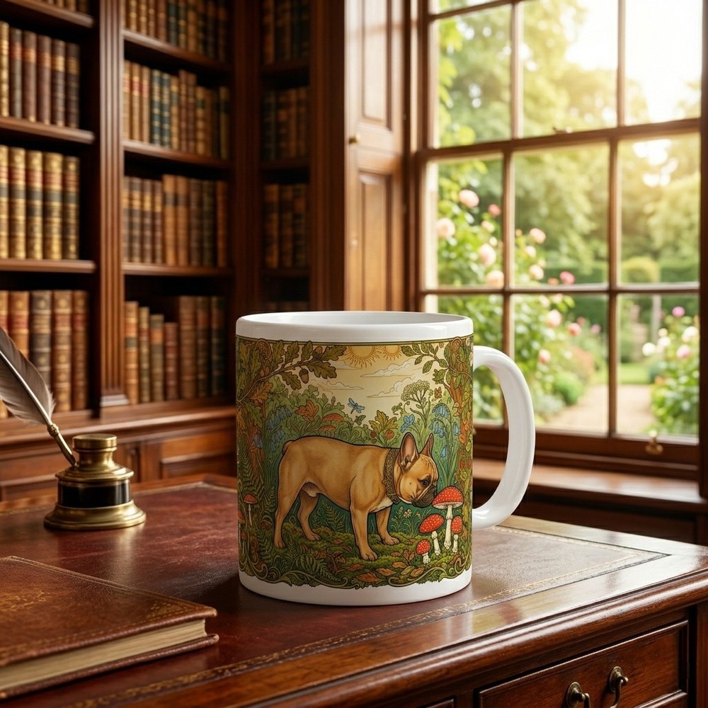 Fawn French Bulldog Mug 11oz Art Nouveau Mushroom Coffee Cup Dog Gift