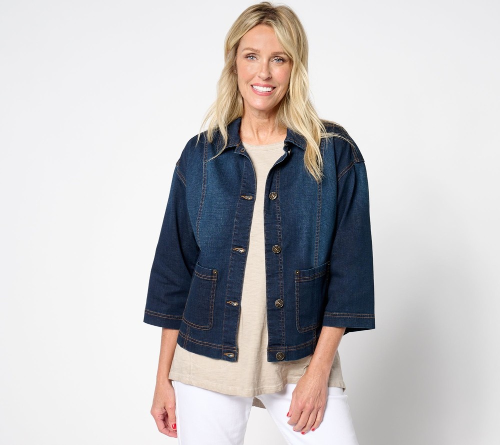 LOGO by Lori Goldstein Women's Jacket Sz 14 Sleeve Denim w/ Patch Blue A652870