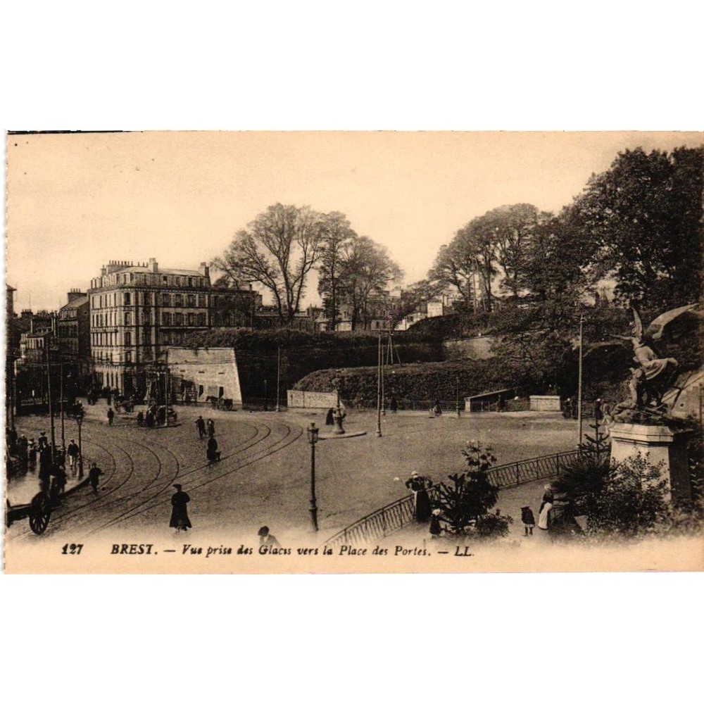 Antique Brest France Postcard Place des Portes Glacis LL 127 Sepia View Unposted