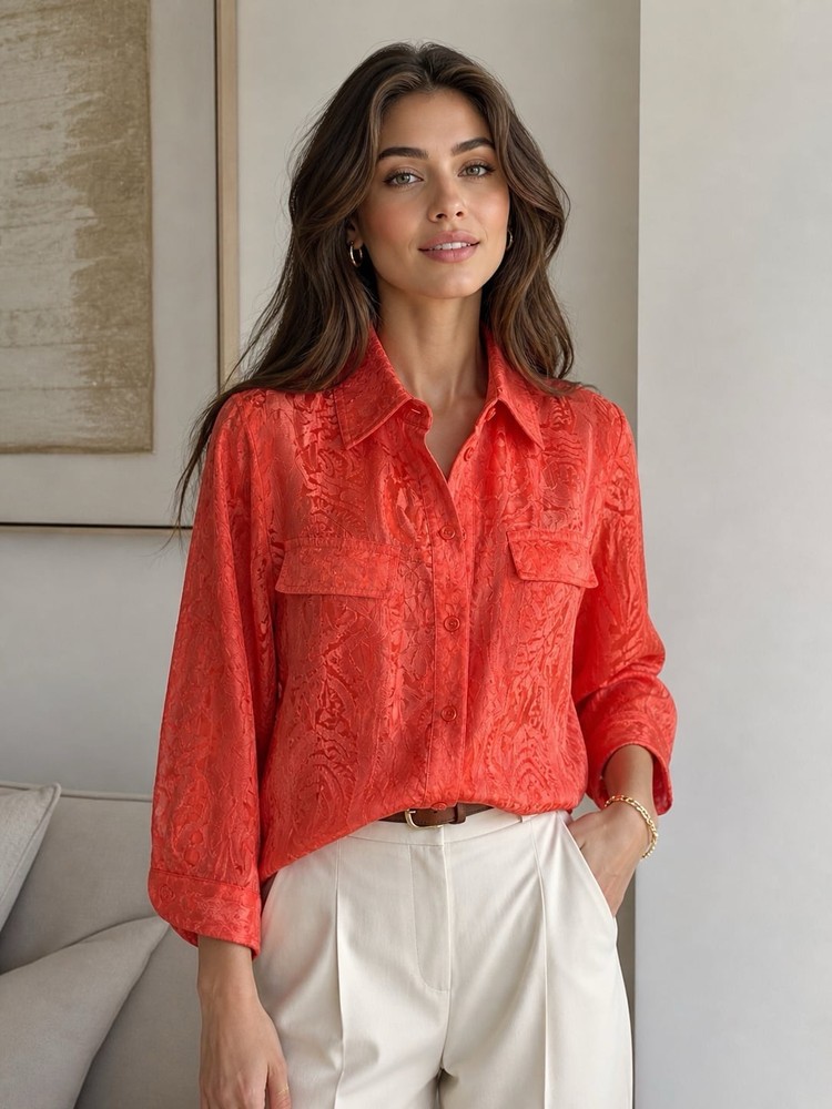 Chico's Button Down Shirt Blouse Top Salmon Lace with pockets