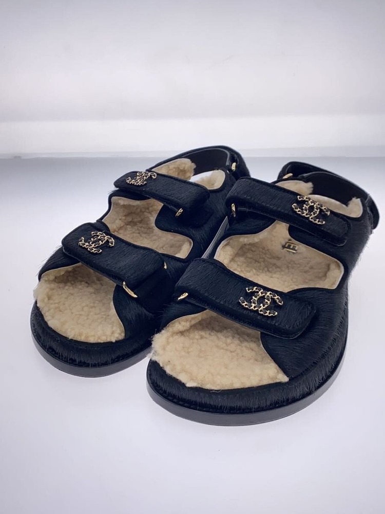 Authentic CHANEL Flat Shearling Dad Sandals G35927 CC EU 37.0 Black Haarco Used