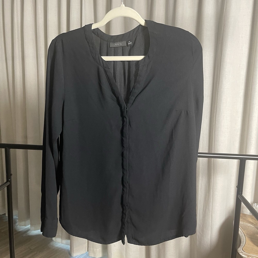Apt. 9 Women's Black Solid Pleated Button-Front Long Sleeve Blouse Size M