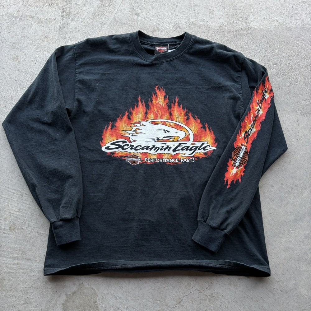Vintage Y2K Harley Davidson Big Flaming Bald Eagle Long Sleeve Shirt Size L