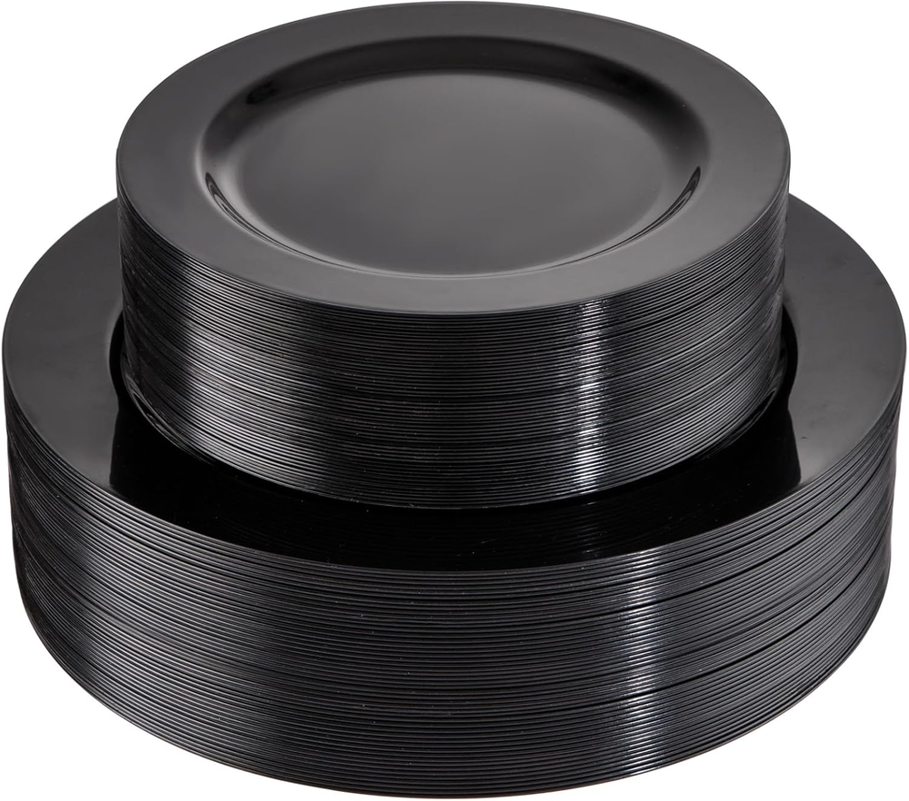 100PCS Black Plastic Plates - Heavy Duty Black Disposable Plates for Halloween P