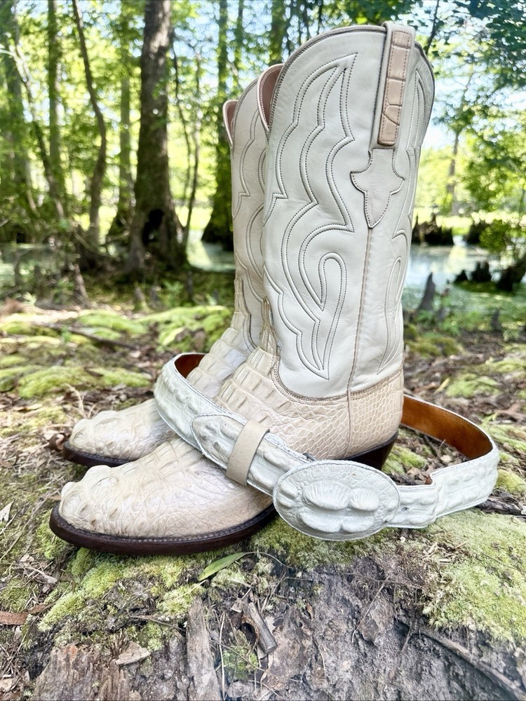 Lucchese Mens Size 9.5 Alligator Head Cut Cowboy Boots with Matching Belt