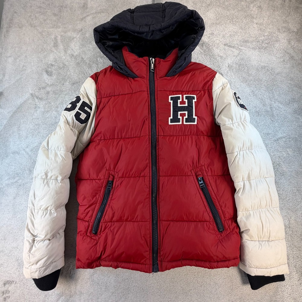 Tommy Hilfiger Puffer Jacket Men’s Small Red Hooded Colorblock Coat