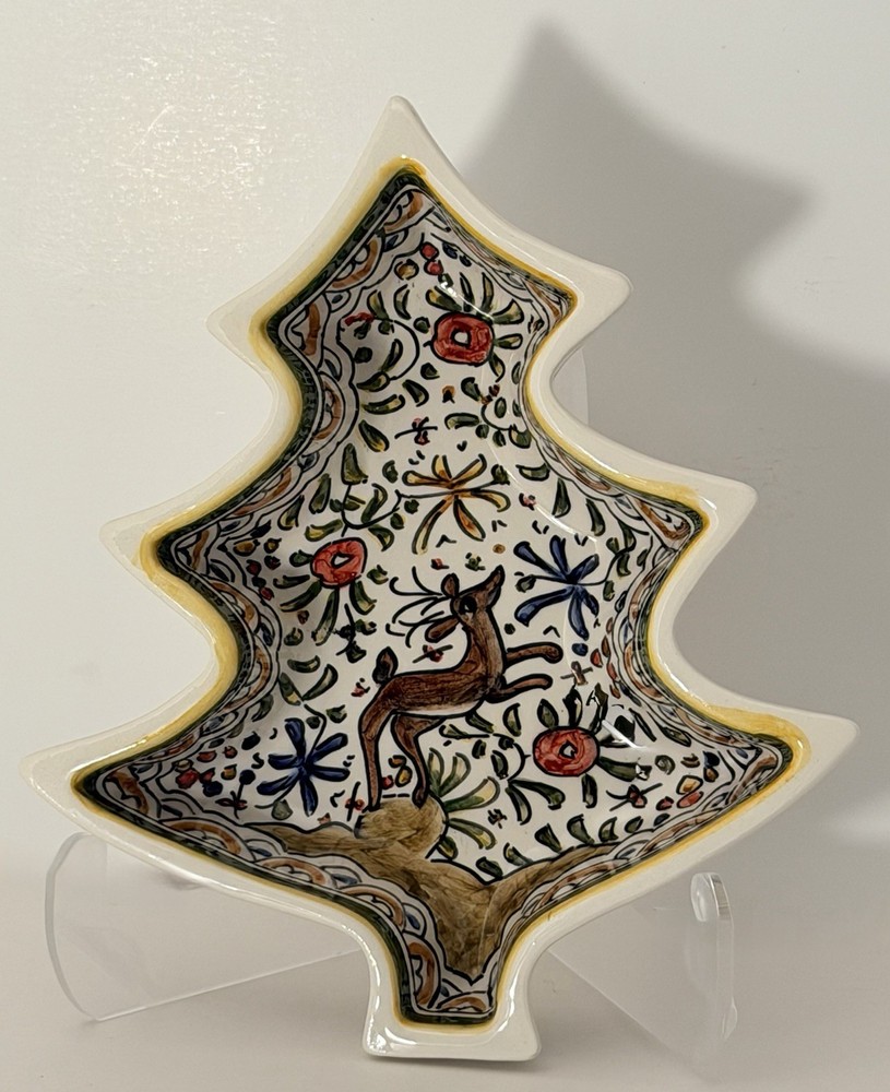 Hand Painted Ceramicas De Coimbra Portugal Christmas Tree Dish Deer 899A