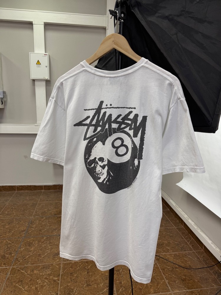 Vintage Y2K Stussy Skull Billiard 8 Ball Tee Rare White Size L