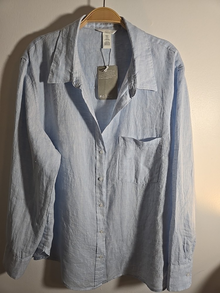 NWT H&M Women's Linen Button Down Shirt Blouse Size XL Light Blue Long Sleeve