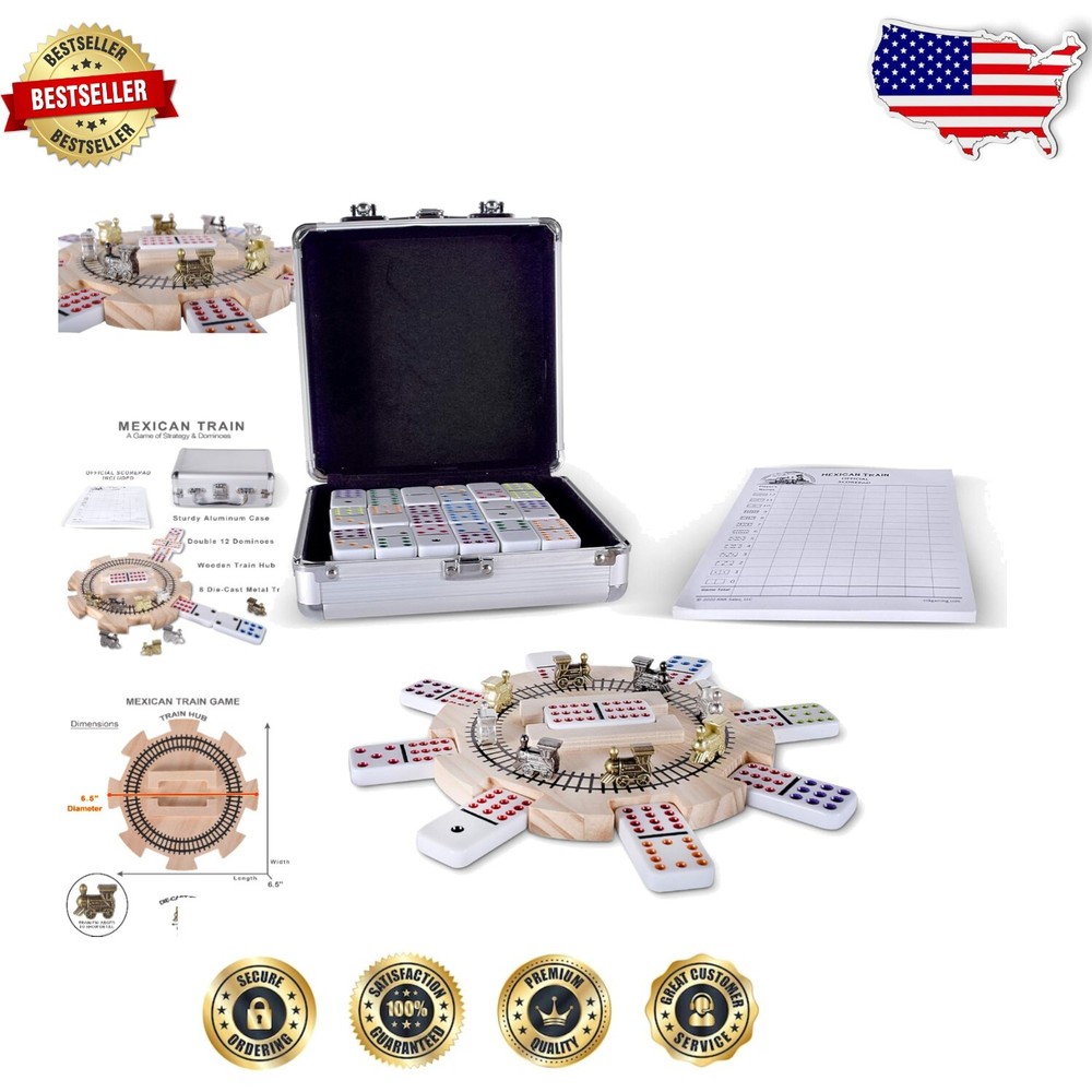 Colorful Double 12 Mexican Train Dominoes with 8 Die-Cast Trains & Storage Case