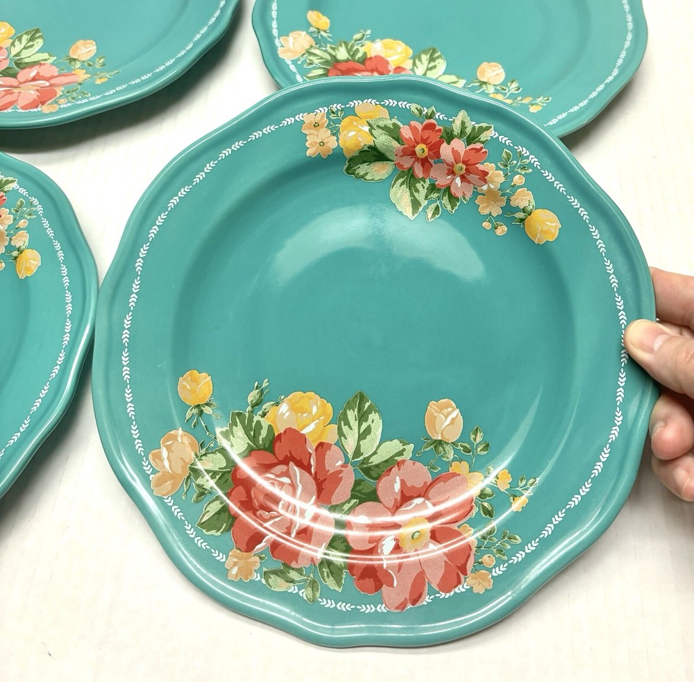 Pioneer Woman Floral Teal Scalloped Edge Salad Plates Set of 4