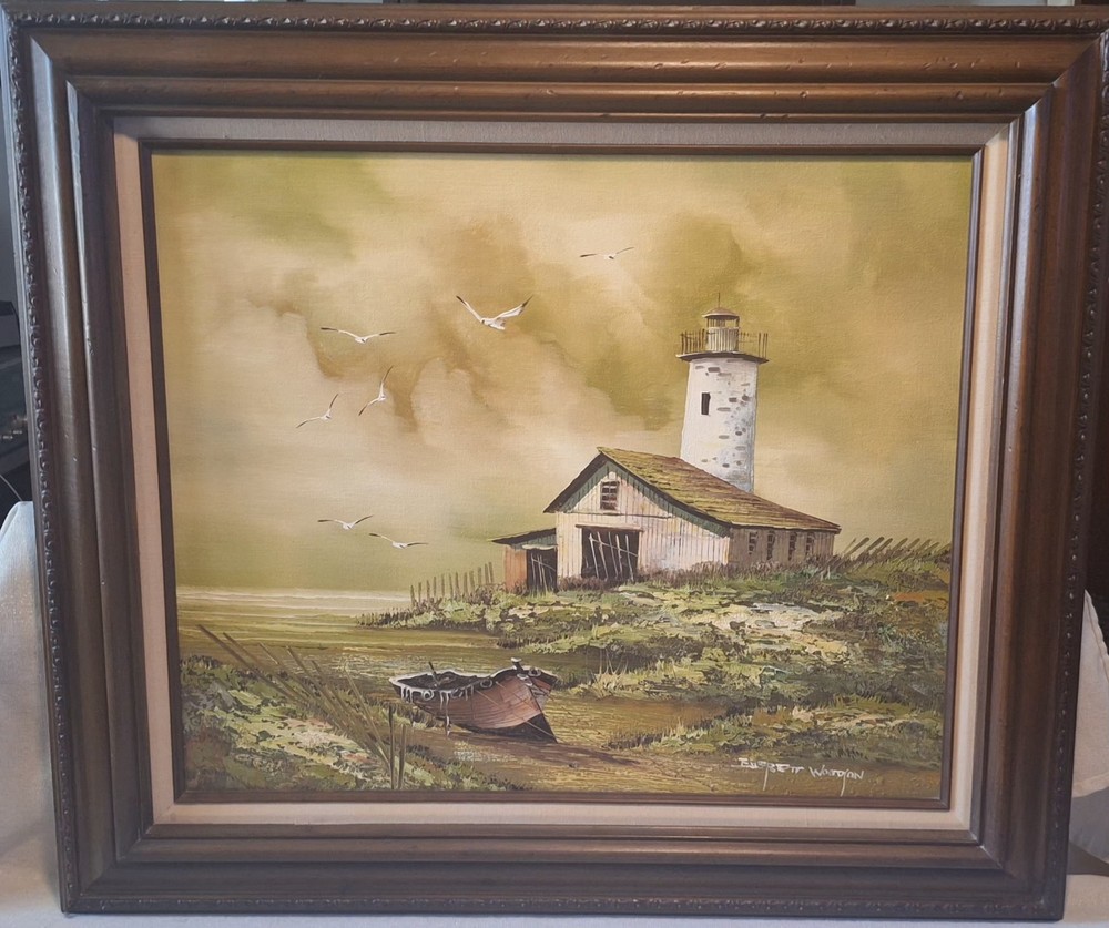 Everett Woodson Oil Painting Barn, Lighthouse, Boat Vintage Frame 27