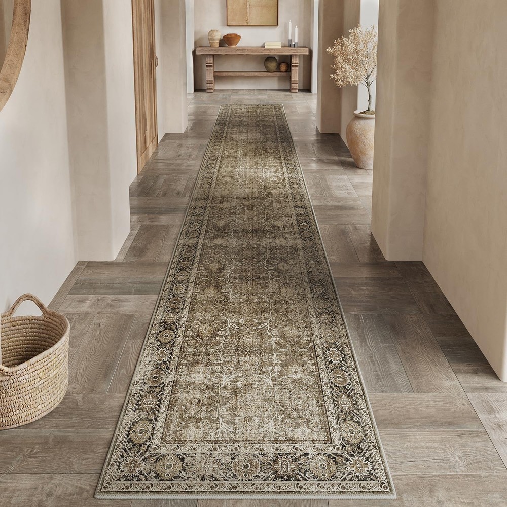 Vintage Washable Brown Runner Rug 3x10 for Hallway or Kitchen