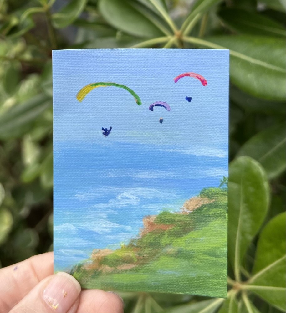 ACEO original painting Torrey Pines Gliders on San Diego Coast by Gale 2.5x3.5in