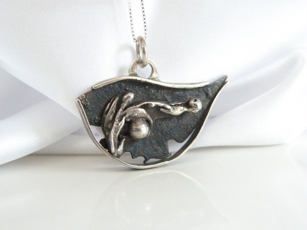Vintage Sterling Silver 925 Brutalist Modernist Bird Fish Pendant Necklace