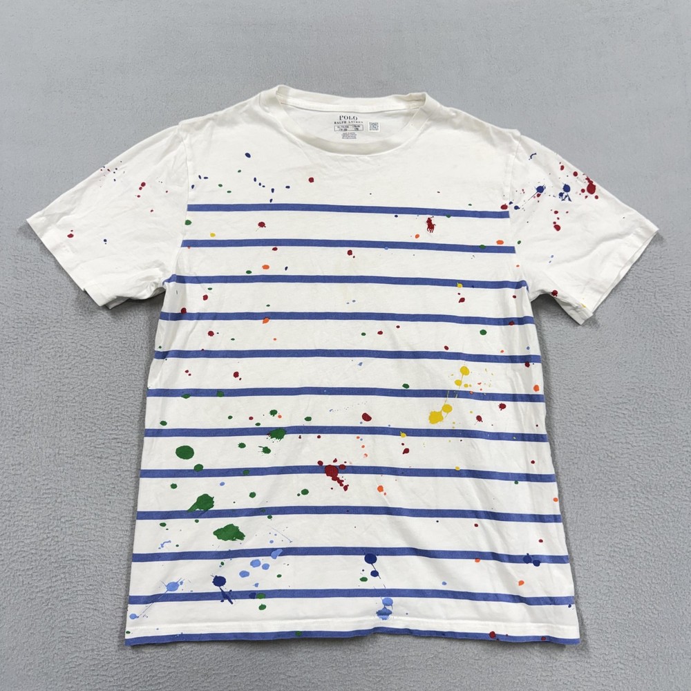 Polo Ralph Lauren Shirt Boys XL 18-20 White Striped Paint Splatter Logo Tee