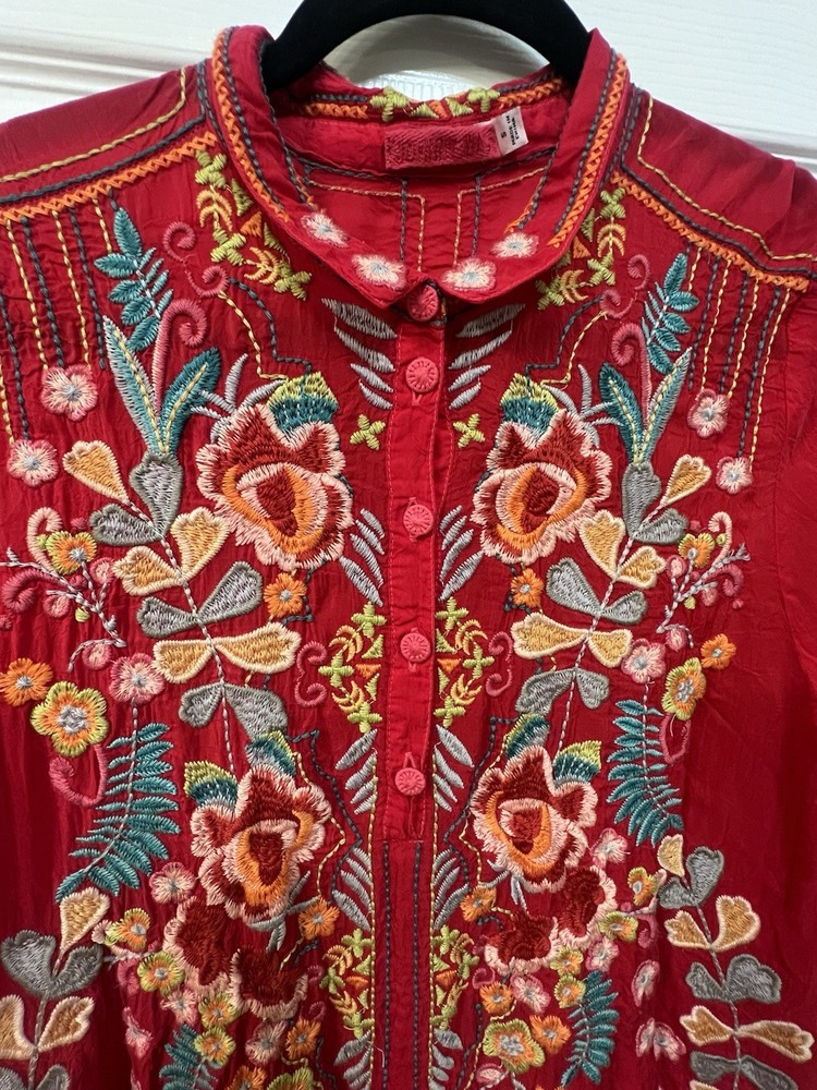 Johnny Was Boho Floral Embroidered Tunic Blouse Collared Button Flared Sleeve S