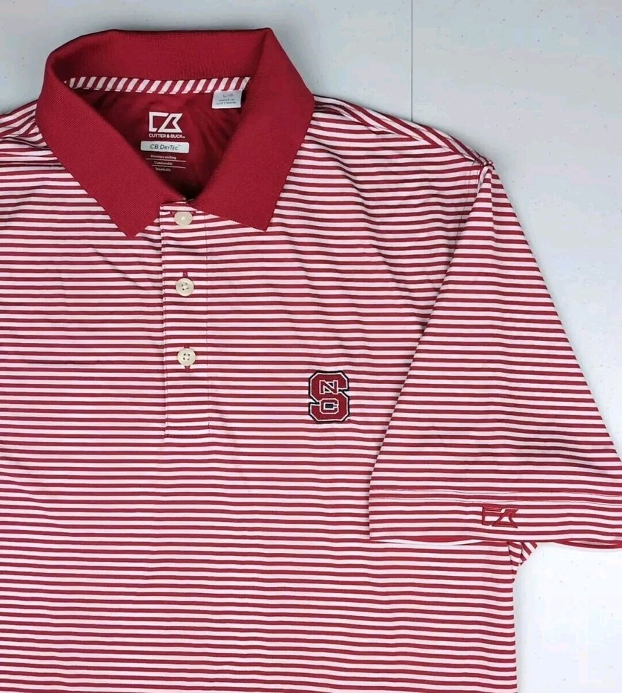 Cutter and Buck DryTec Polo NC State Wolfpack Men’s Size Large Red/White Striped