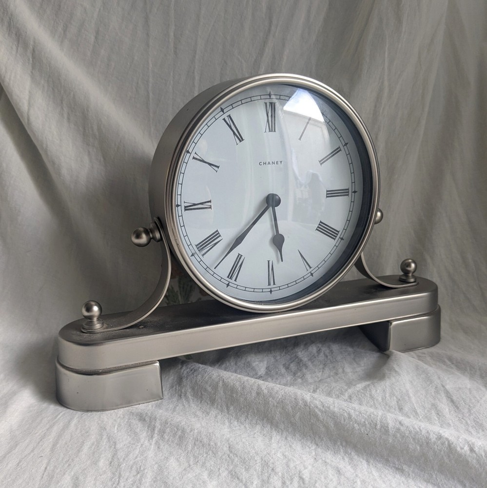 Chaney Metal Pewter Finish Mantel / Desk Clock 10-3/4” W x 2-1/4”D x  7” H