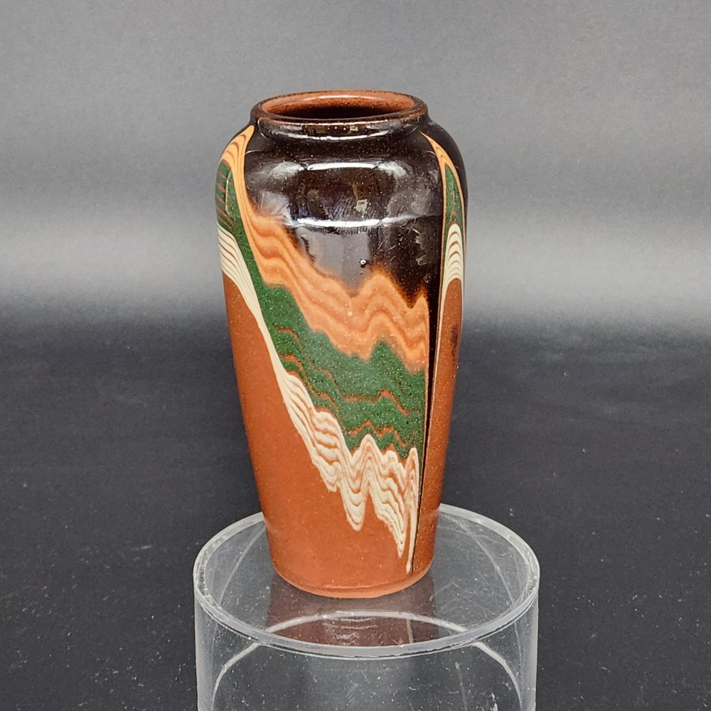 Vtg Bulgarian Redware Pottery Vase 4.75” Tall Drip Glaze Brown Green White