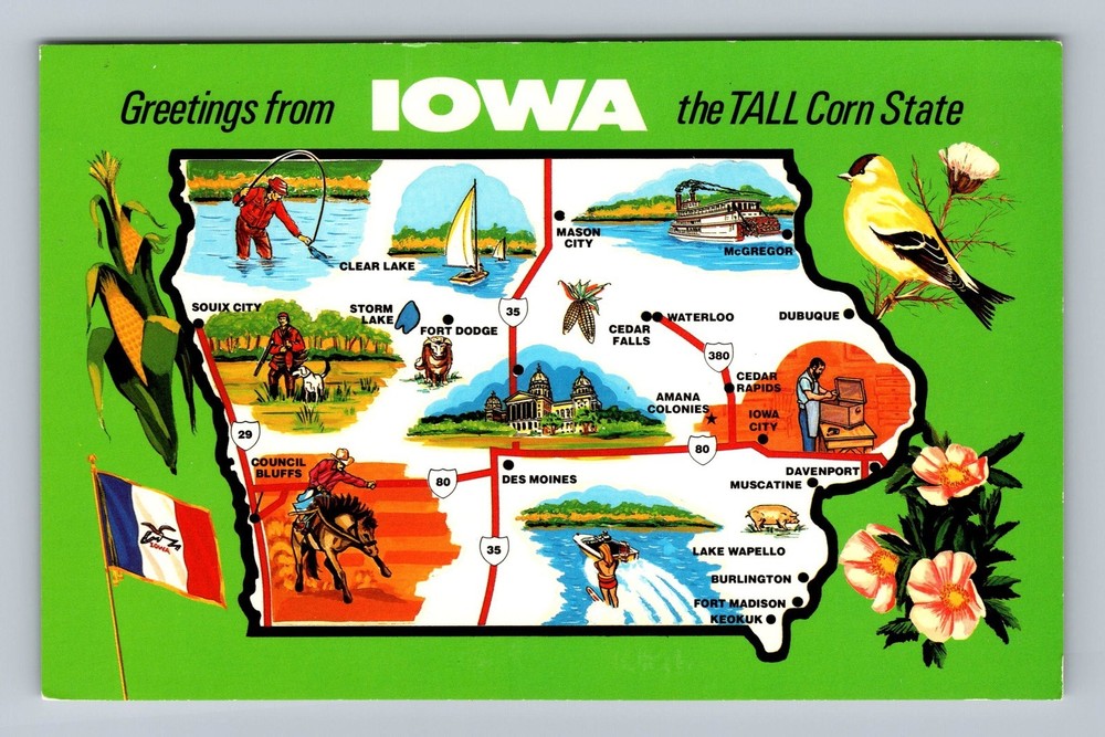 IA-Iowa General Map Greetings Landmarks Vintage Postcard Standard Souvenir Post