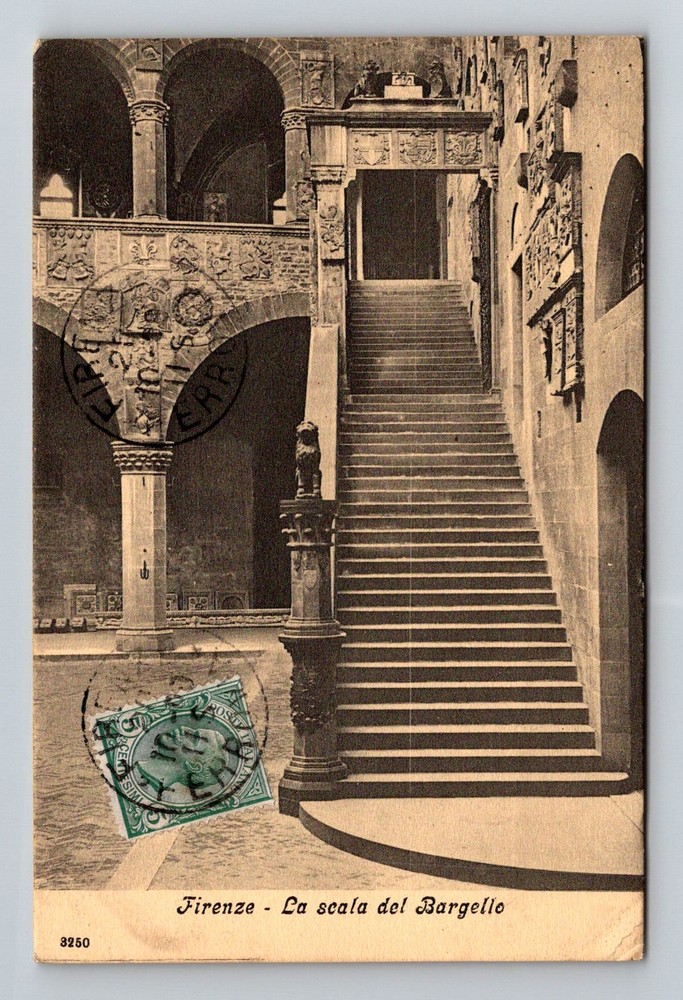 Italy- Florence The Bargello Palace Staircase Old Postal View Vintage Postcard