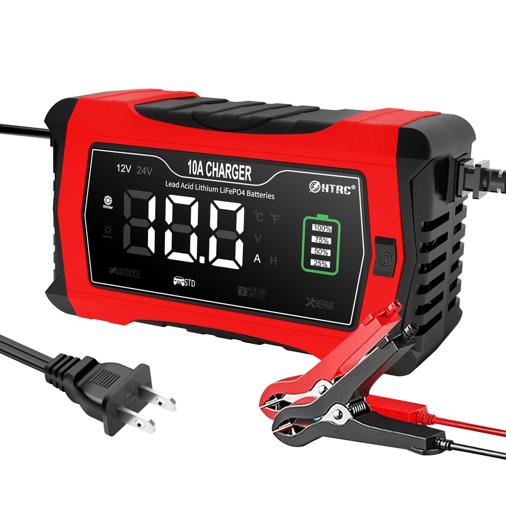 10A 12V/24V Car Smart Battery Charger for LiFePO4 Lithium Lead-Acid Battery