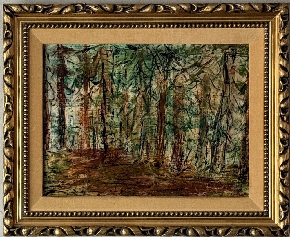 PASCAL CUCARO VINTAGE MODERN ABSTRACT REDWOOD FOREST LANDSCAPE OIL PAINTING 1957-image