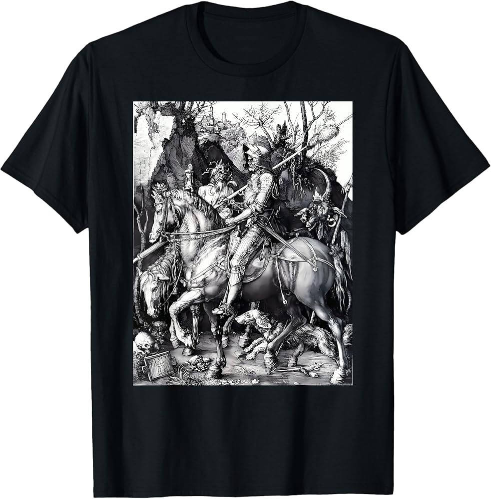 The Knight, Death and the Devil by Albrecht Durer Unisex-Adults T-Shirt Black
