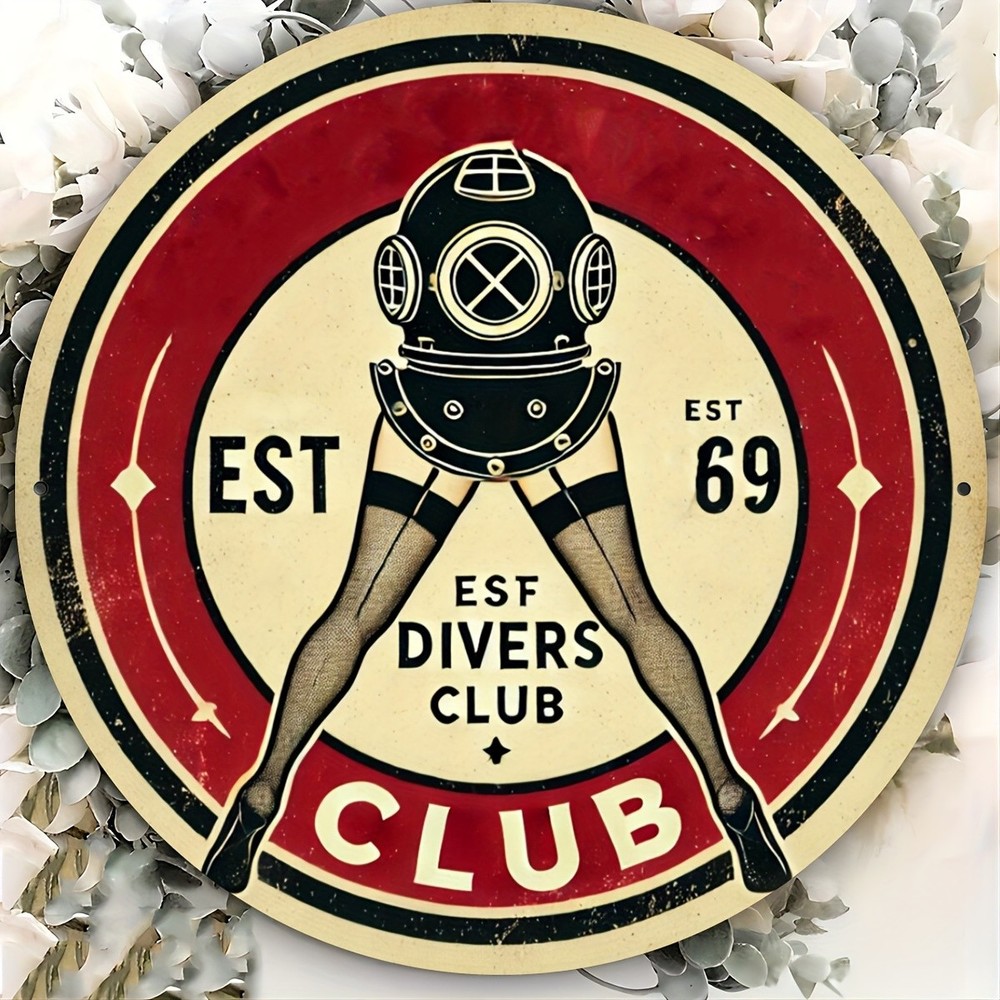 Vintage ESFF Diving Round Aluminum Sign Humorous Scuba Theme