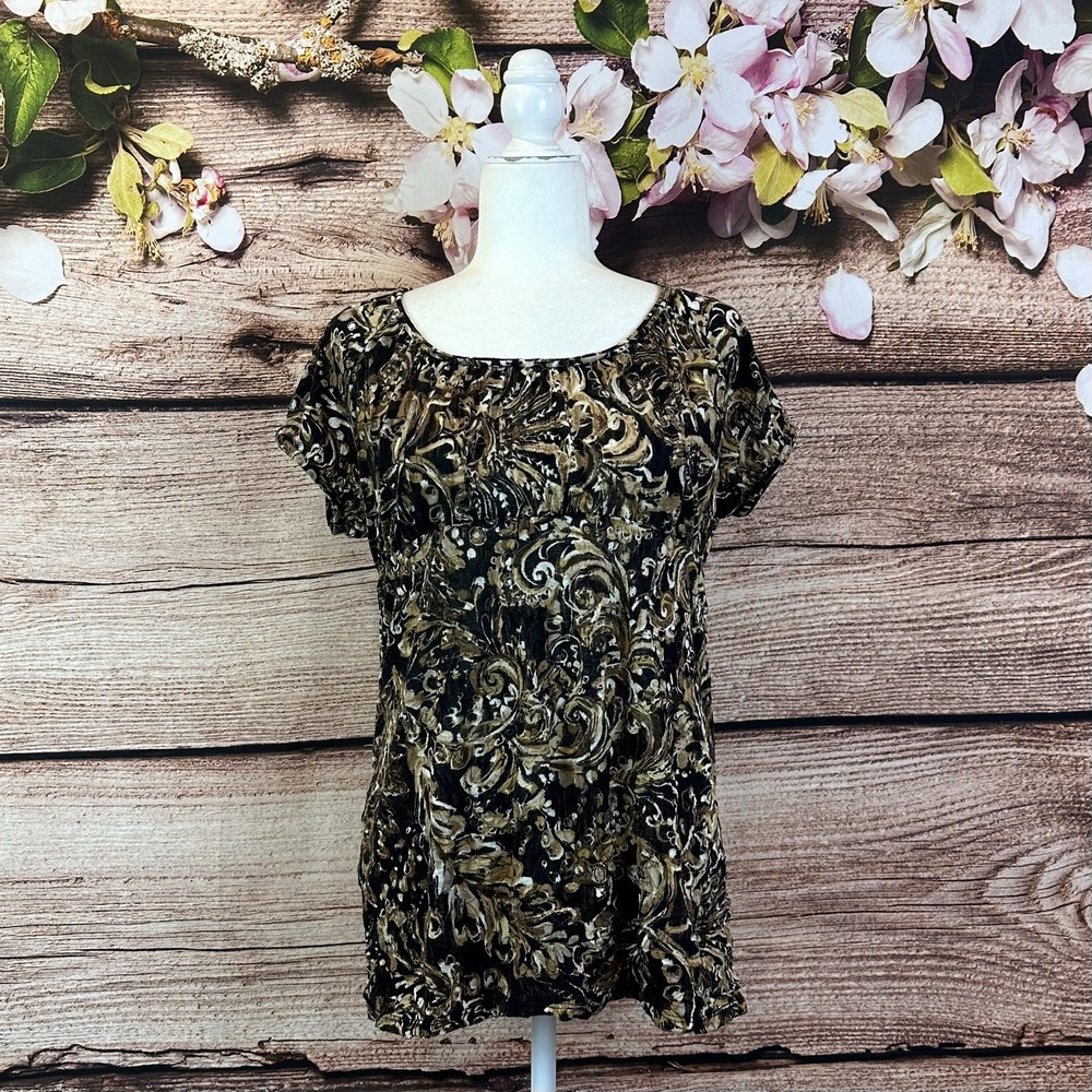 Axcess Women’s Yellow Black Boho Abstract Printed Blouse Top Large