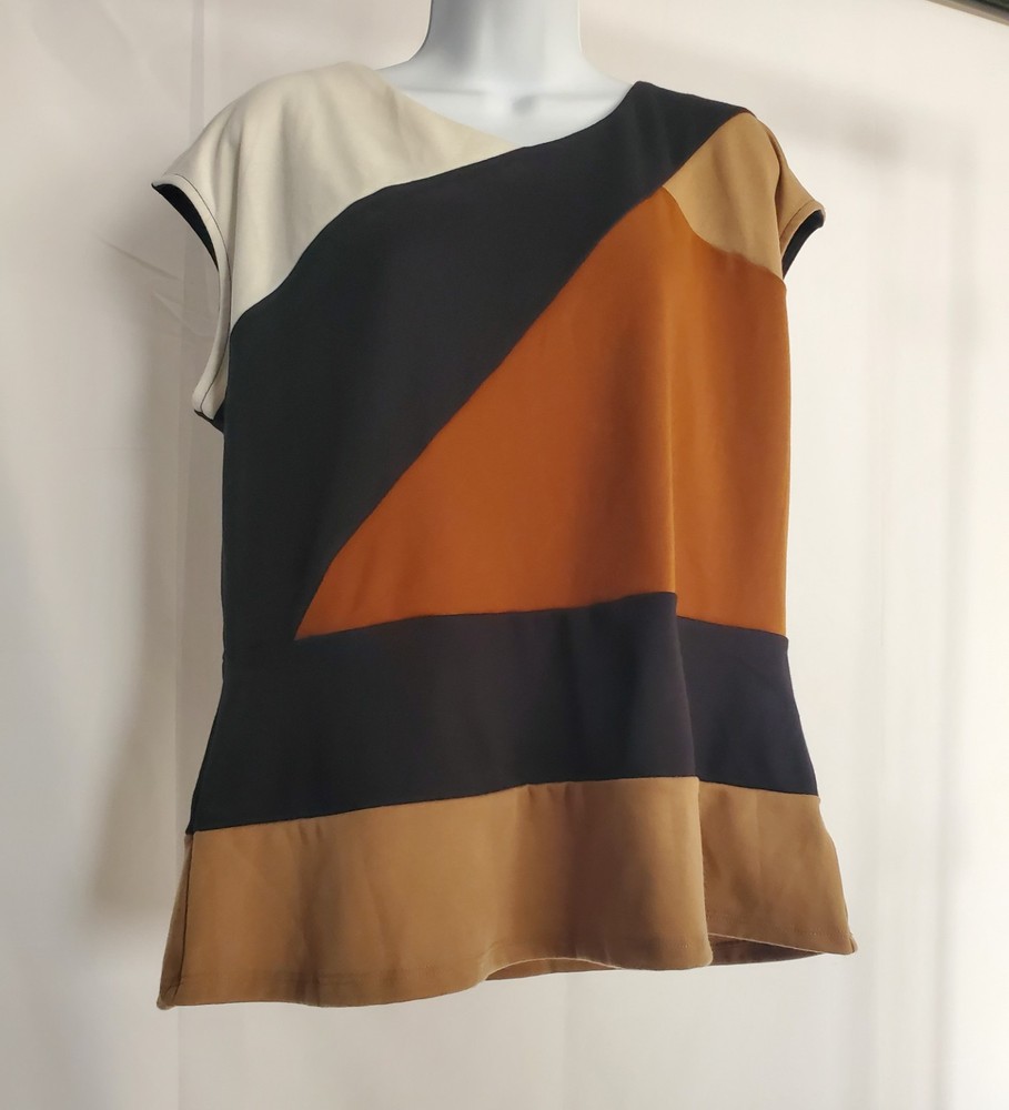 Worthington Colorblock Blouse Top XL Black Tan Rust Geometric Career Office