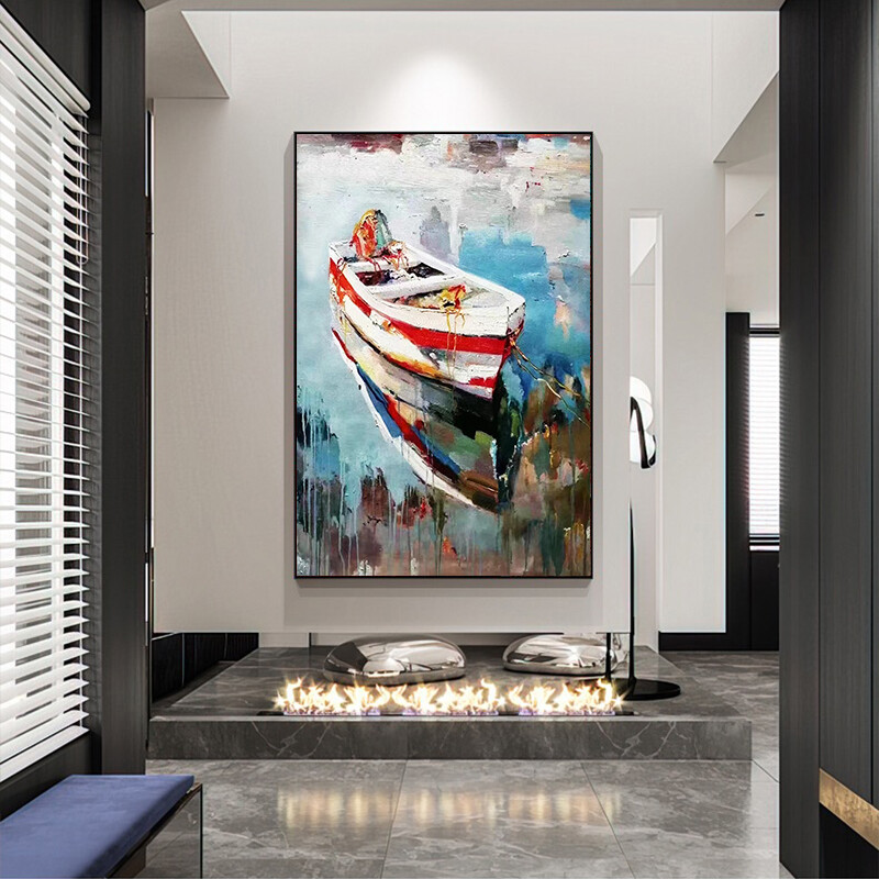 Modern minimalist decorative painting landscape oil painting boat mooring lroom