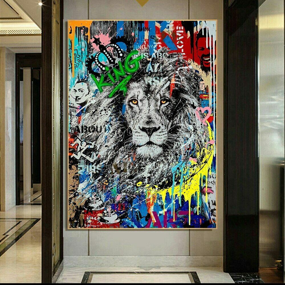 Graffiti Lion Art King Street Abstract Canvas Painting Posters Wall Decor Prints-image