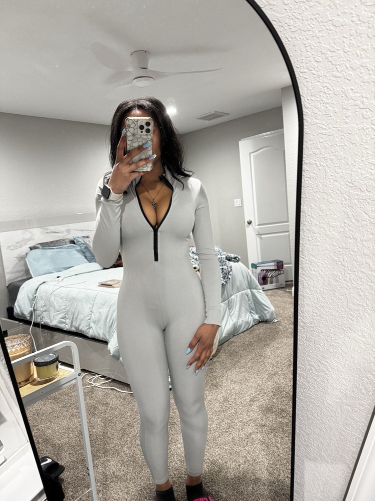 SHEIN Slayr Grey Zipper And Ribbed Longsleeve Jumpsuit, Size Small