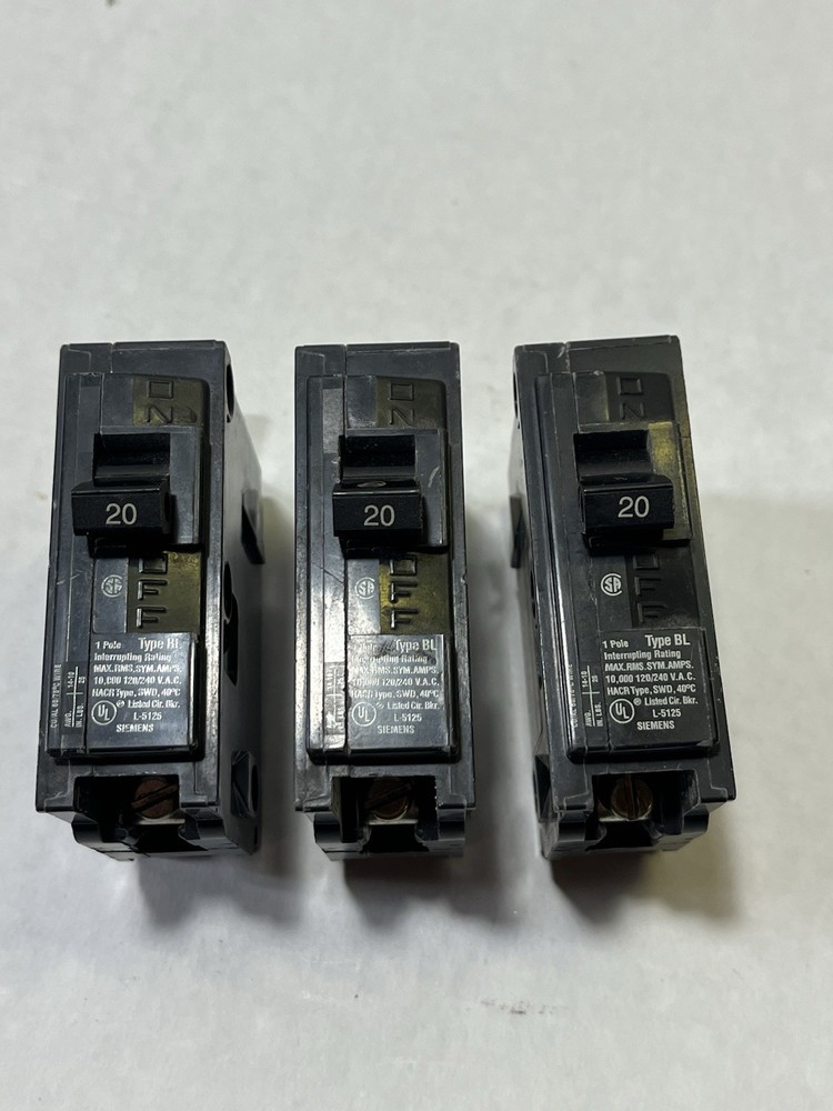 (3) Siemens 20 Amp Breakers Type BL Single Pole
