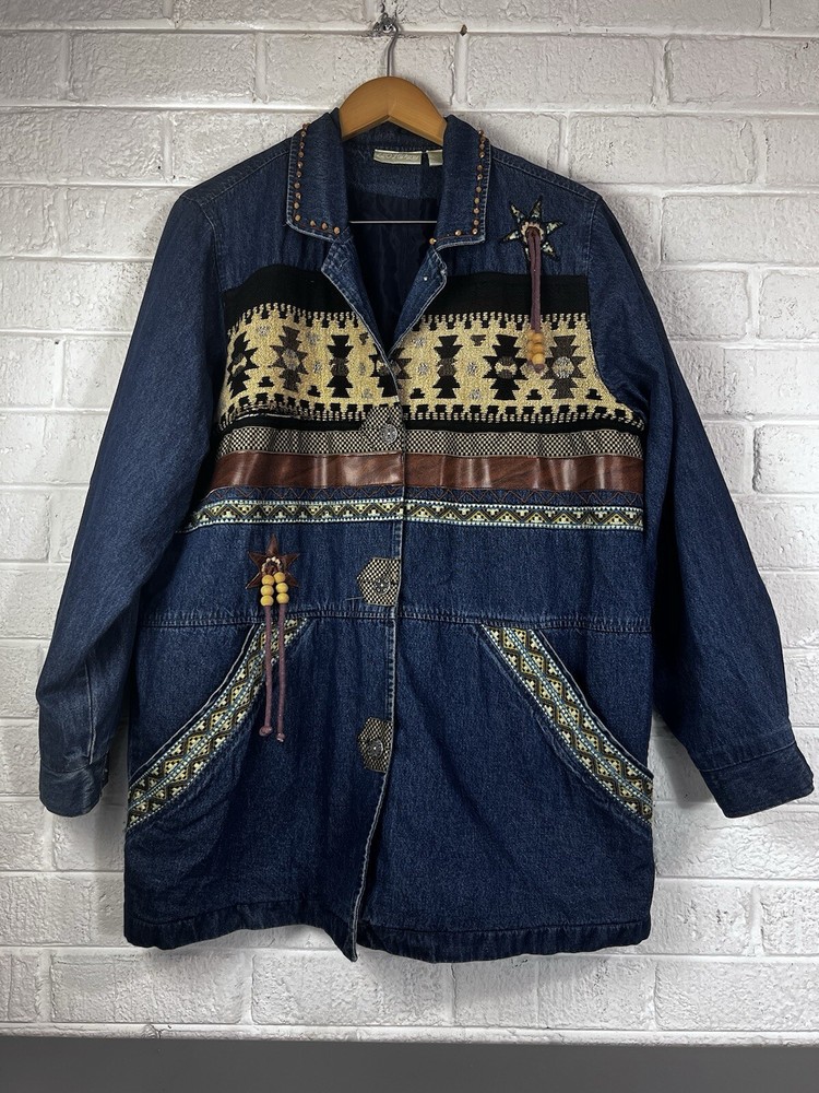 220 Hickory Women’s Aztec Denim Jacket Size Large Blue Going Out Party Western
