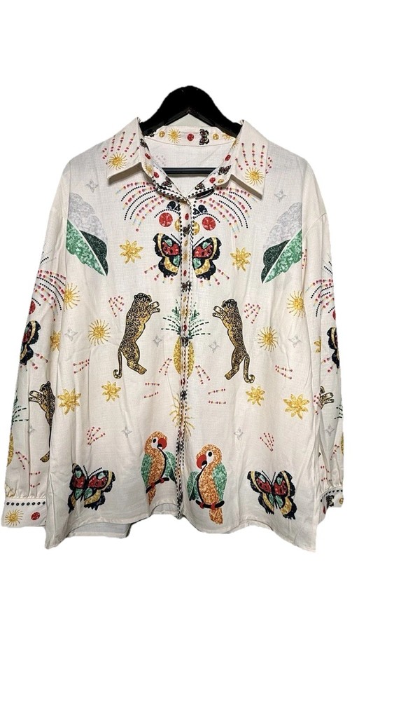 Linen Blend Tropical Maximalist Button Up Shirt XXL Leopard Butterfly Parrot Sun