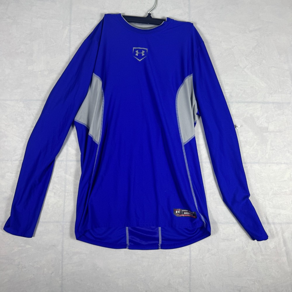 Under Armour Men's T-Shirt Blue Heat Gear Fitted Long Sleeve Crew Neck Large