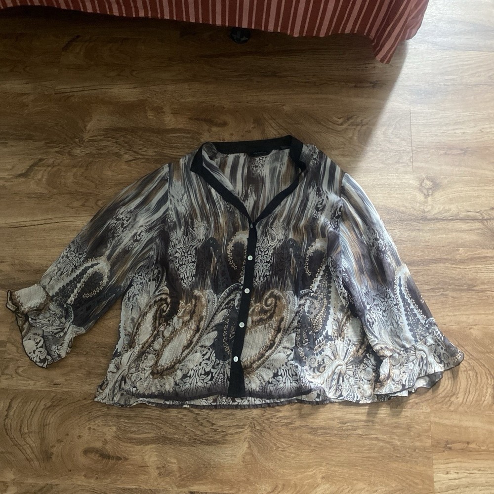 Women’s Sheer Multicolor Paisley 3/4 Sleeve Button-Front Blouse Top