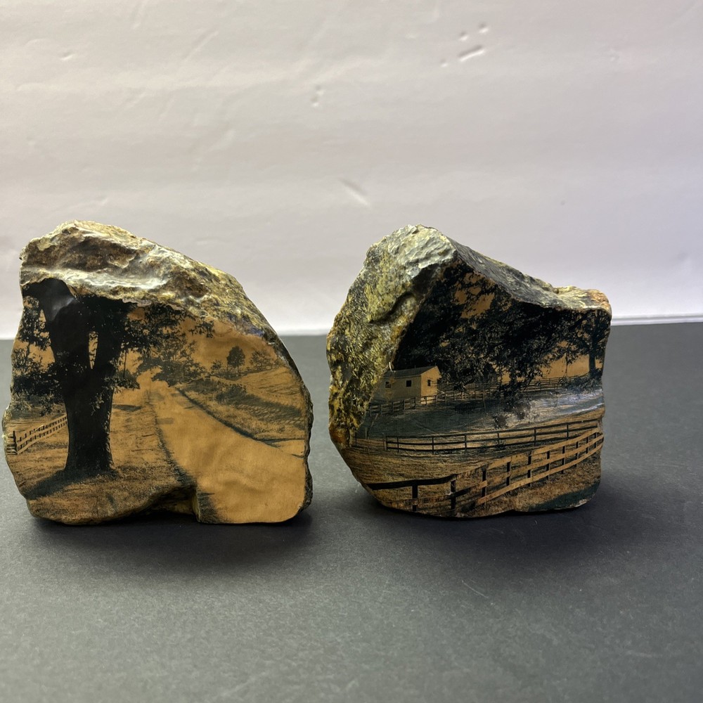 Painted Landscape Art Rock – Rustic Cabin and Landscape Scene – Folk Art