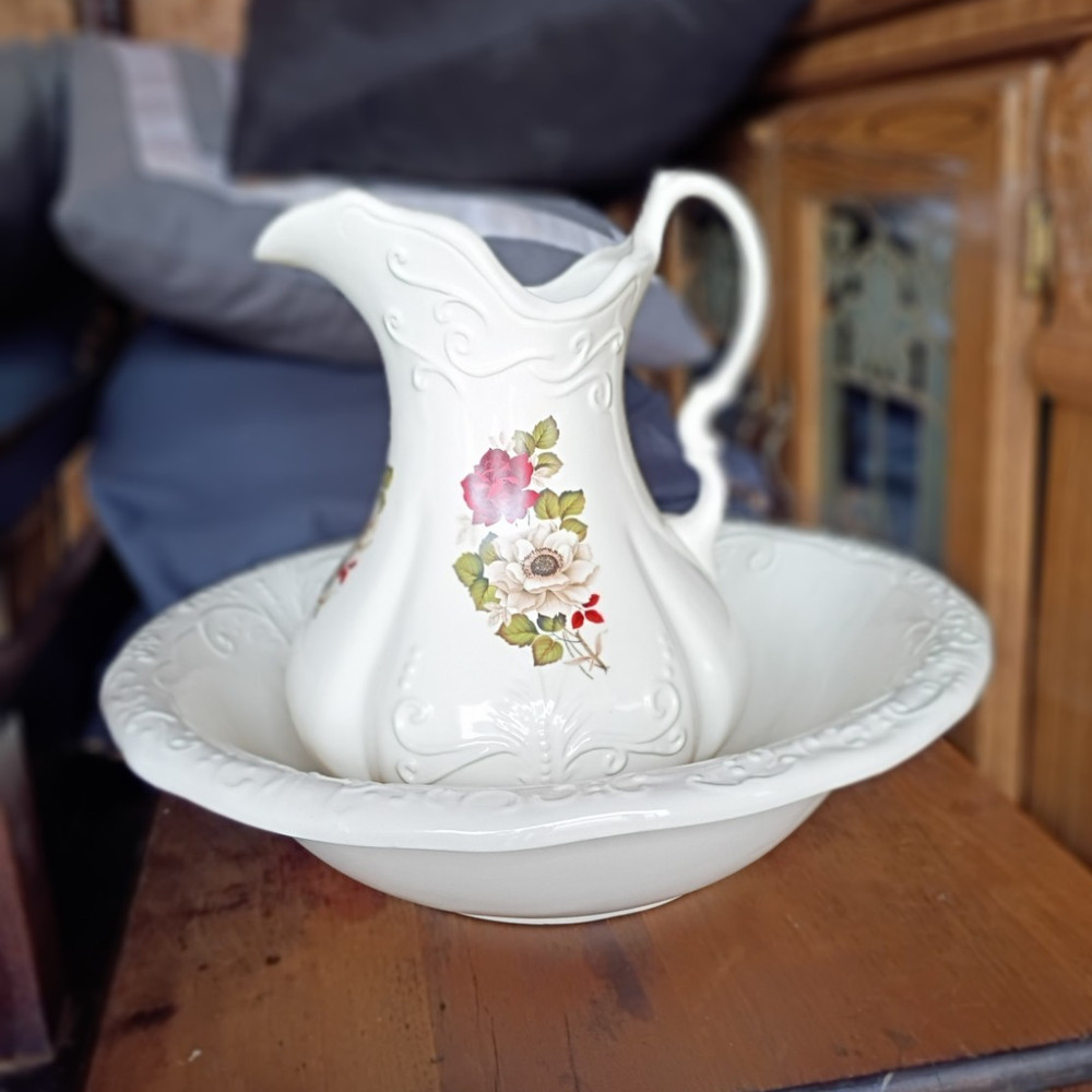 Hand Painted Floral Ceramic Pitcher & Bowl Set White Pink Green Glossy Handle