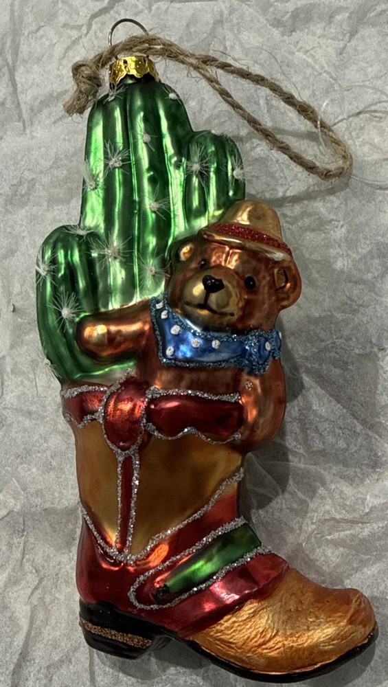 Western Cactus Bear Cowboy Boot Glass Christmas Ornament