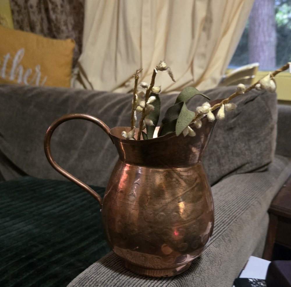 Vintage Hammered Copper Pitcher With Handle Decorative Water Jug or Flower Vase