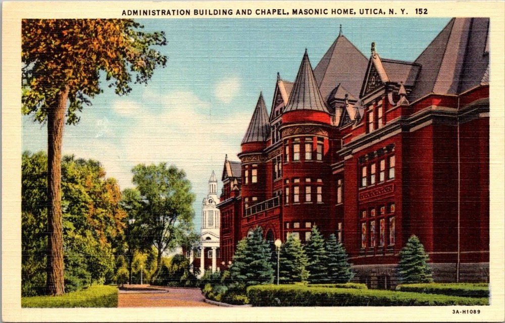 Masonic Home Utica NY Administration Building Chapel Linen Postcard 1930s
