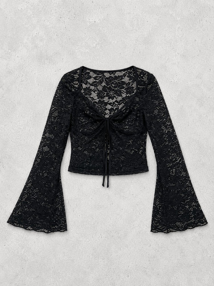 Whimsigoth Top Womens M Black Lace Sheer Cropped Dark Fairy Grunge Feminine