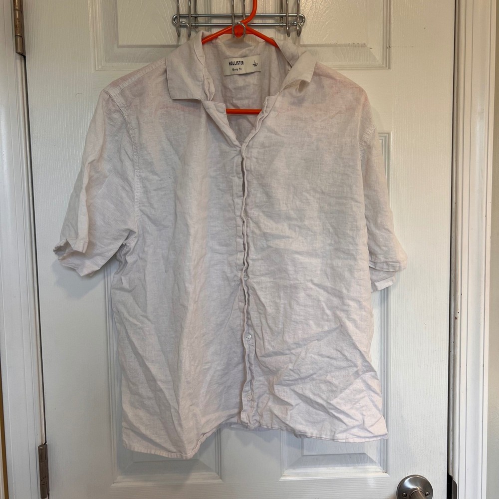Hollister Womens White Linen Blend Boxy Fit Short Sleeve Button Down Shirt L