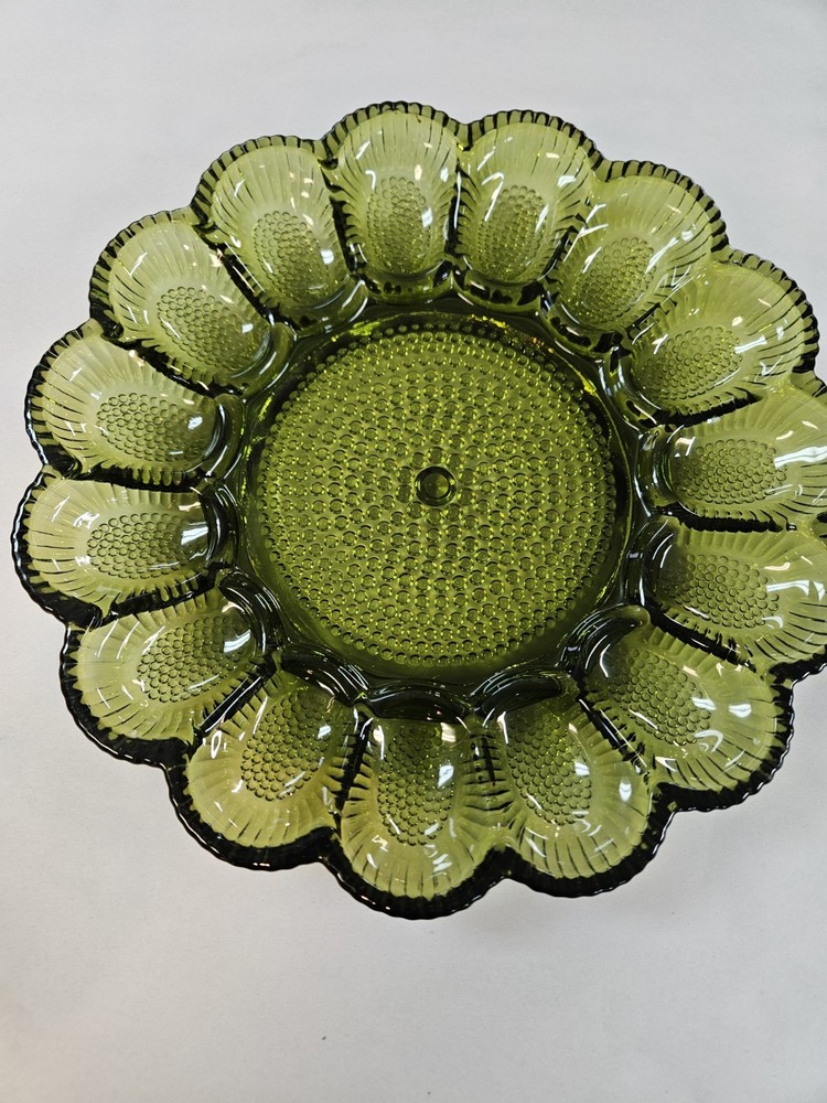 Vintage Indiana Glass Green Hobnail 15 Deviled Egg Dish Tray Plate 60’s 11.25”