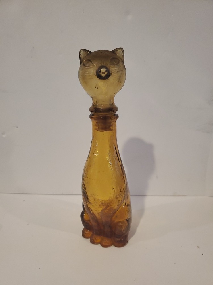 Vintage 9 Inch Empoli Italy Ambler Glass Decanter Cat Shaped Genie Bottle